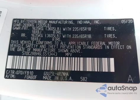 2020 Toyota Highlander L from USA, damaged, VIN 5TDCZRBH6LS513443